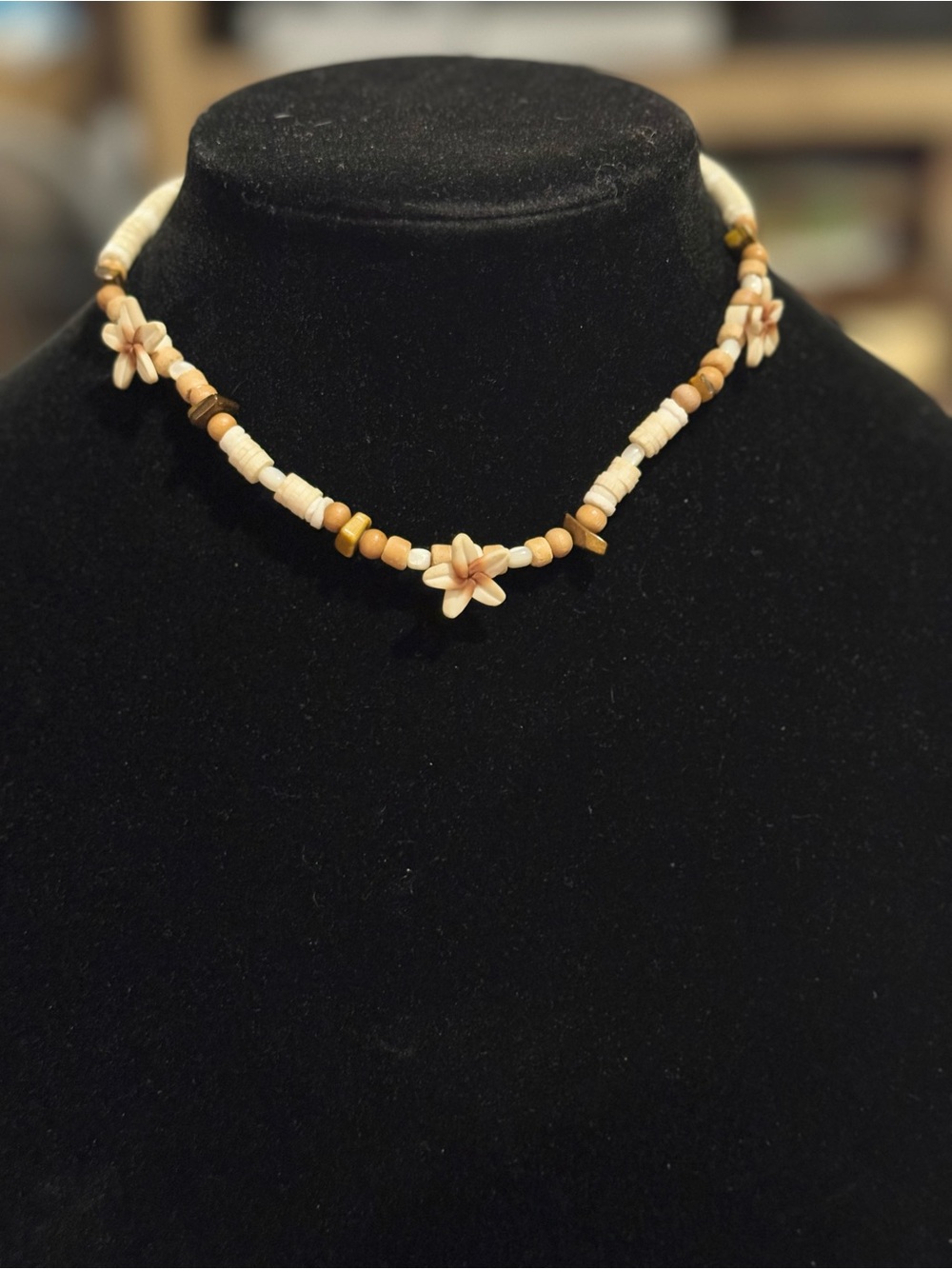 Handmade Cream & Tan Floral Bead Necklace - Women Jewelry